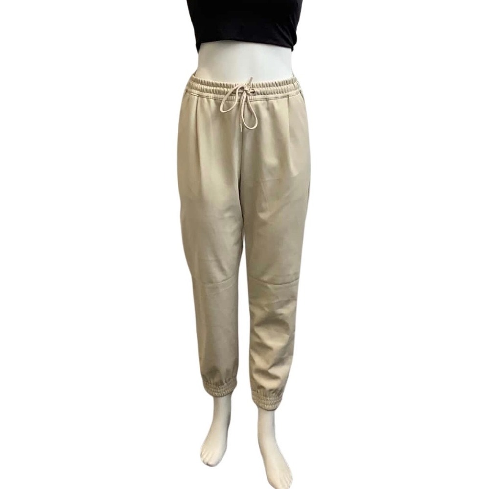 Zara Womens Faux Leather Joggers Beige Tan Elastic Waist Drawstring Pants XS
